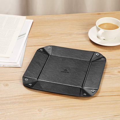 SITHON Valet Tray Desktop Storage Organizer - Multi-Use PU Leather Catchall Tray Bedside Nightstand Caddy Dice Holder for Keys, Phone, Wallet, Coin, Jewelry, Traveling and More, Black