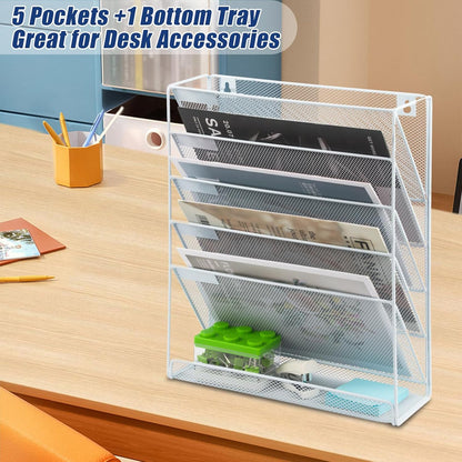 EASEPRES Desk File Organizer Mesh 6-Tier, Hanging Wall Mount Document Organization Stand, Desktop Vertical Mail Paper Folder Holder Rack with Bottom Tray for Office Home Cubicle Countertop, Black