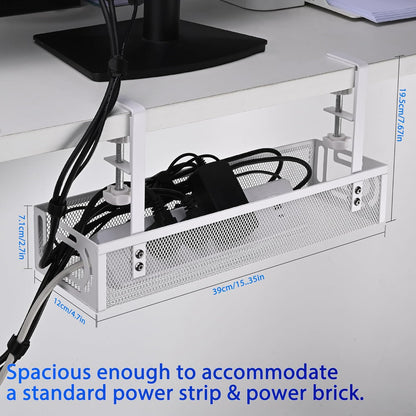Under Desk Cable Management Box 25.3 Inch – Clamp-Mounted Cable Organizer Tray, Large Cord Management Box for Office & Home, Wire Organizer Under Desk Storage, White