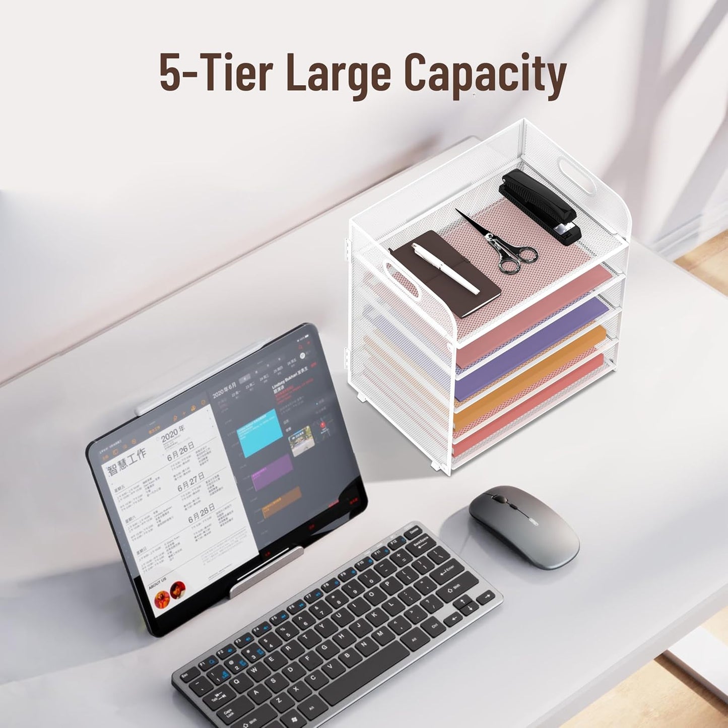 Supeasy 5 Trays Paper Organizer Letter Tray with Handle-Mesh Desk File Holders, Paper Sorter Desk Organizer for Office, Home, Classroom or School, White
