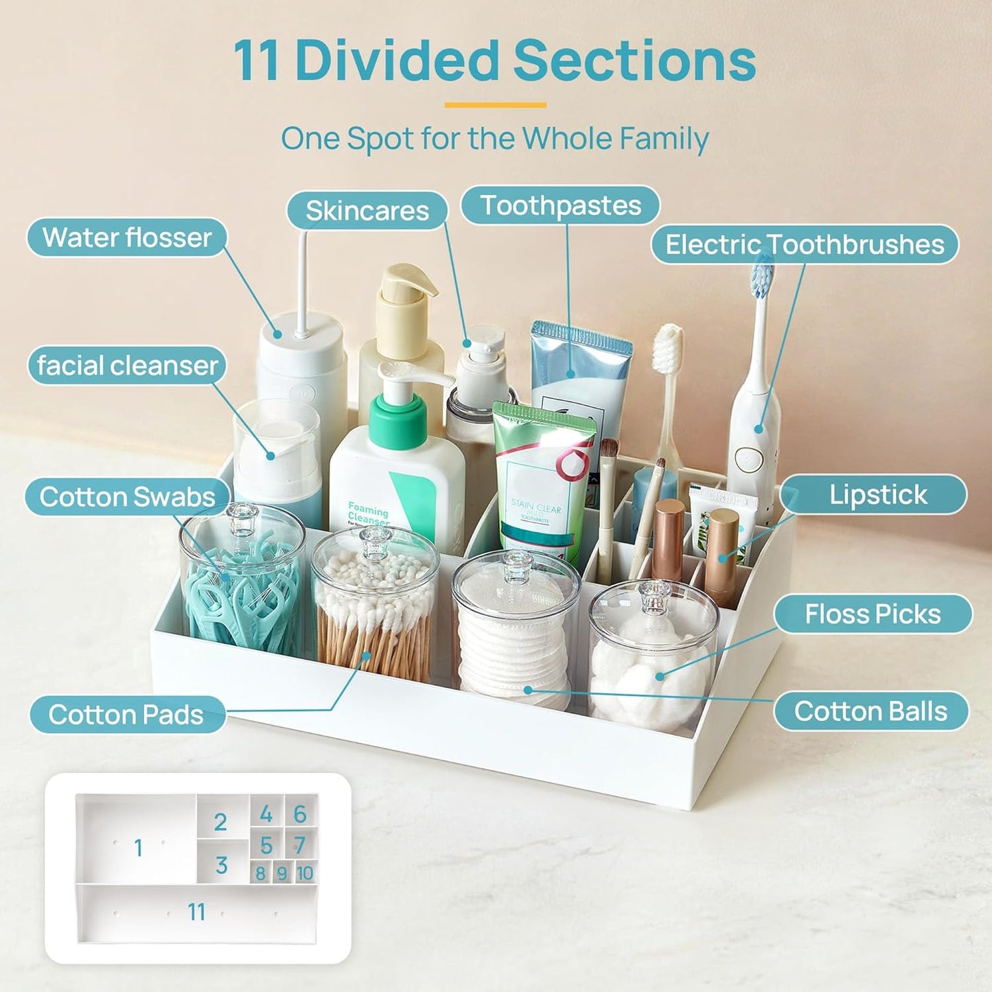Vtopmart 6 PCS Bathroom Countertop Organizer, 1 Divided Tray with 4 Qtip Holder Jars and 1 Drawers, Restroom Clear Organizers for Toothbrush, Cotton Pads, Vanity Accessories Storage Set