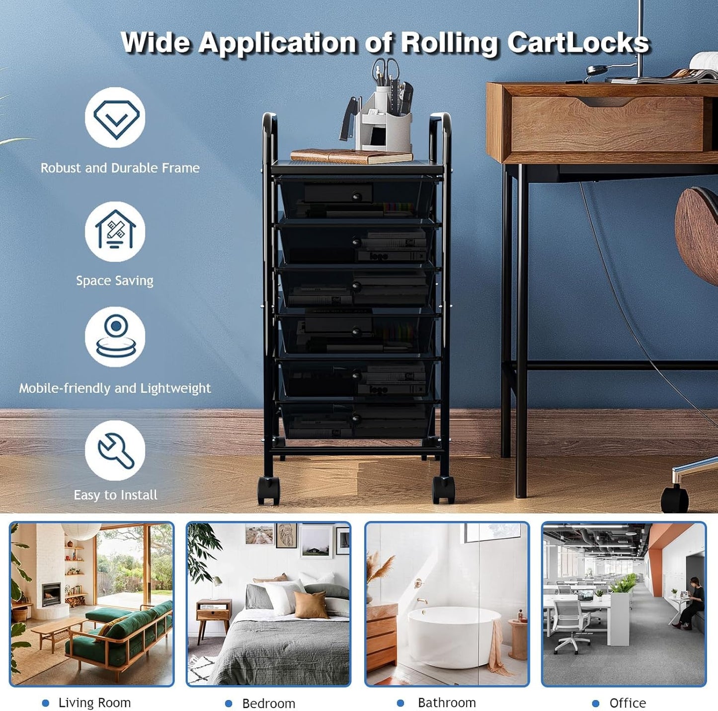 4-Tier Utility Cart with 4 Drawers, Rolling Utility Cart with 2 Lockable Caster Wheels, Multipurpose Mobile Rolling Drawer Cart for Office Bathroom Kitchen, Ivory White