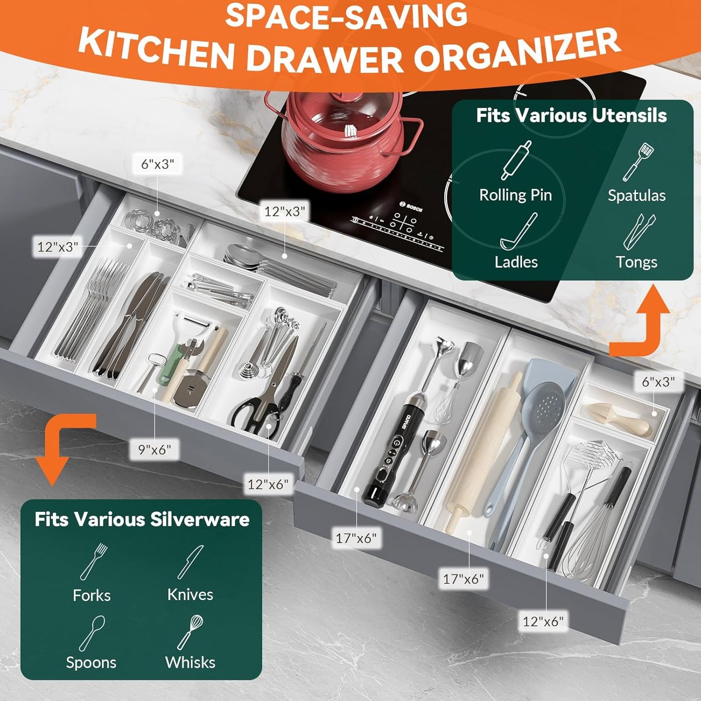 Lixple Bamboo Drawer Organizer, Cutlery Silverware Organizer for Kitchen Drawer, Stackable Utensil Organizer, 2 Pcs Flatware Organizer for Drawer, Wooden Storage Box Tray (Bamboo, 9 X 6 X 2 Inch)