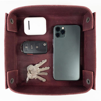 Hide & Drink, Leather Catchall Tray, Easy Access Organizer for Keys, Coins, Change, Jewelry, Watches, Smartphones, Durable, Vintage Style, Handmade :: Bourbon Brown