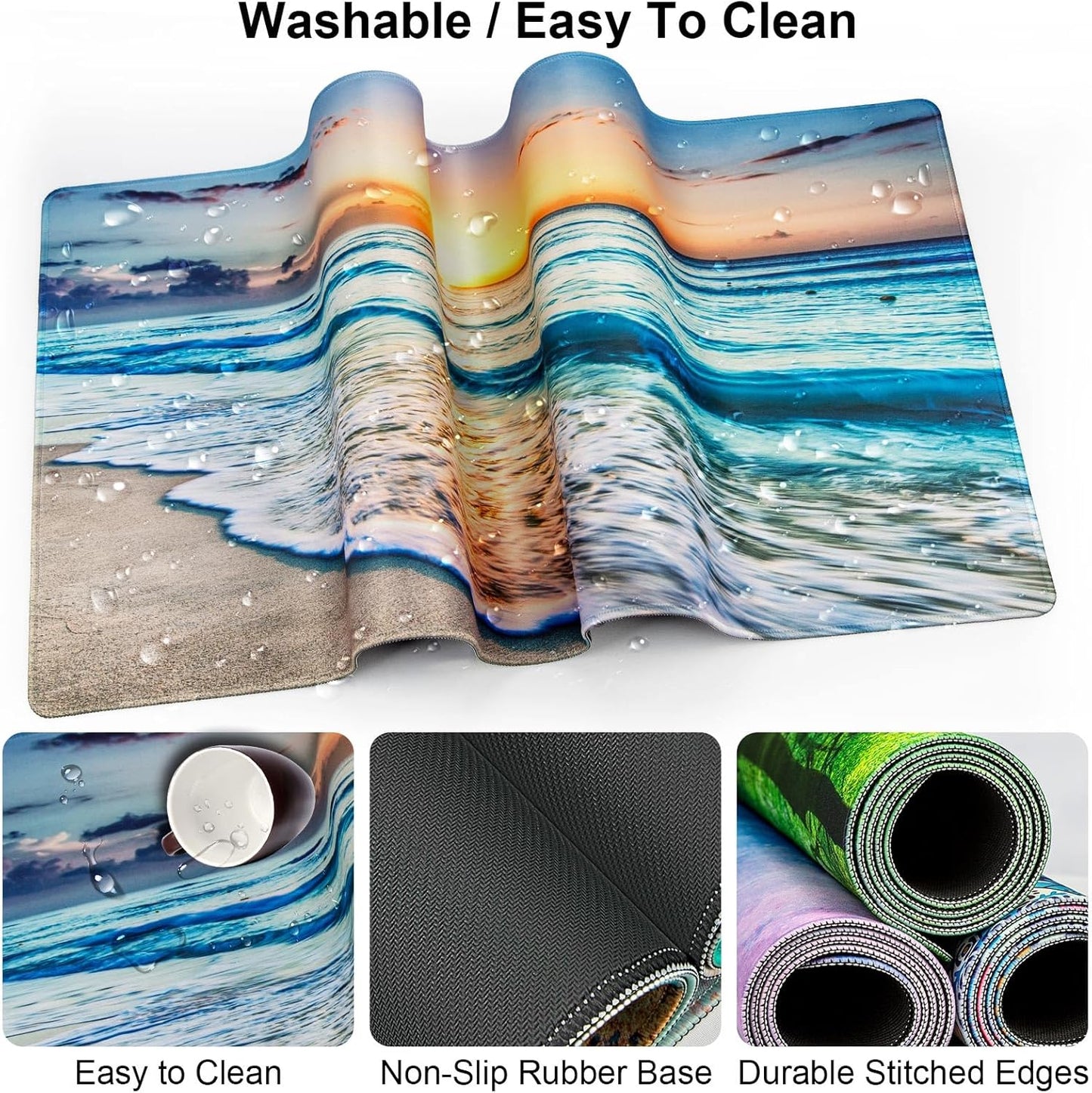 Keyboard Wrist Rest + Mouse Pad with Wrist Support + Desk Mat + Coaster 4 in 1 Set, XXL Large Gaming Mousepad Cute Ergonomic Mouse Pads for Desk Computer Laptop Office Decor-Beach