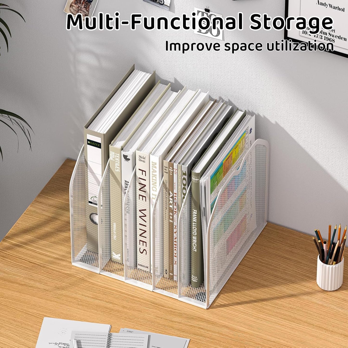 FANXIYQ Metal 7-Section File Folder Organizer for Desk | Vertical Office File Holder | Heavy-Duty Mesh Document Sorter for Books, Binders, Laptops | Black Desk Organizer (12.8”x8.5”x7.9”)