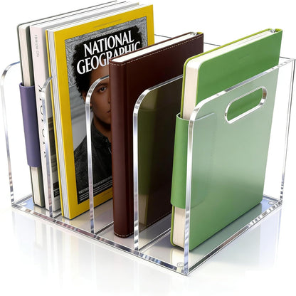 Acrylic Magazine File Holder, 4 Vertical Compartments Desk Document Sorter Organizer, Clear Folder Rack Binder for Office, Documents, Tablets, Magazines, Books – Home/Classroom Rack