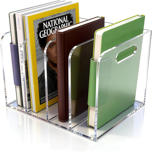 Acrylic Magazine File Holder, 4 Vertical Compartments Desk Document Sorter Organizer, Clear Folder Rack Binder for Office, Documents, Tablets, Magazines, Books – Home/Classroom Rack