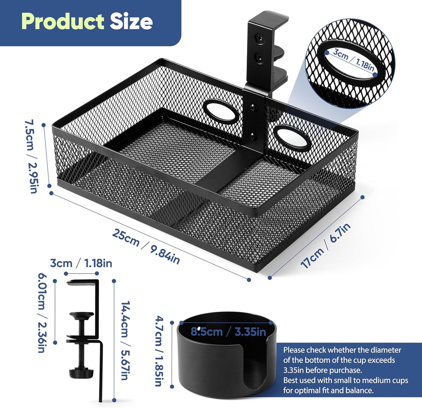 360 Rotating Under Desk Drawer Organizer with Cup Holder Clamp On Desk Drawer No Drilling Table Management Tray Anti-Slip Swivel Pencil Drawer Under Table Storage Easy Install for Home Office