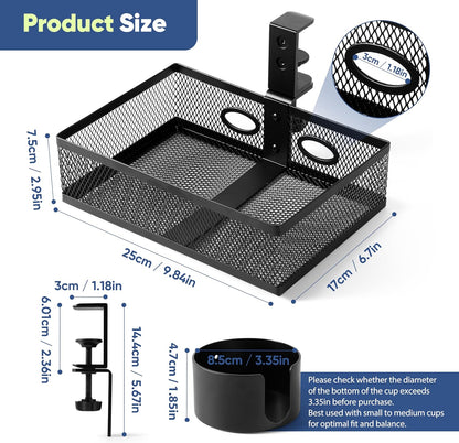 360 Rotating Under Desk Drawer Organizer with Cup Holder Clamp On Desk Drawer No Drilling Table Management Tray Anti-Slip Swivel Pencil Drawer Under Table Storage Easy Install for Home Office