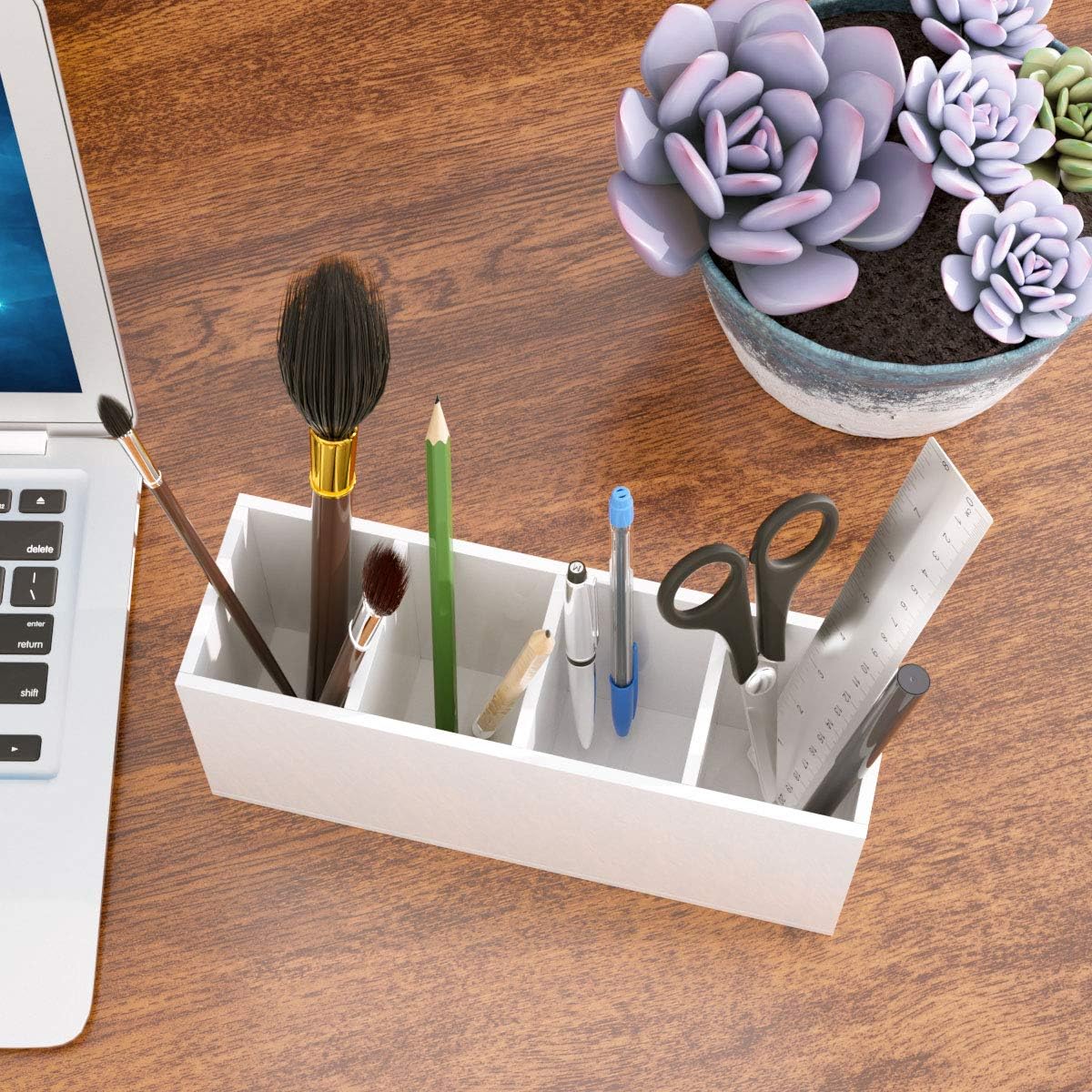 NIUBEE Acrylic Pen Holder 4 Compartments, Clear Pencil Organizer Cup for Countertop Desk Accessory Storage