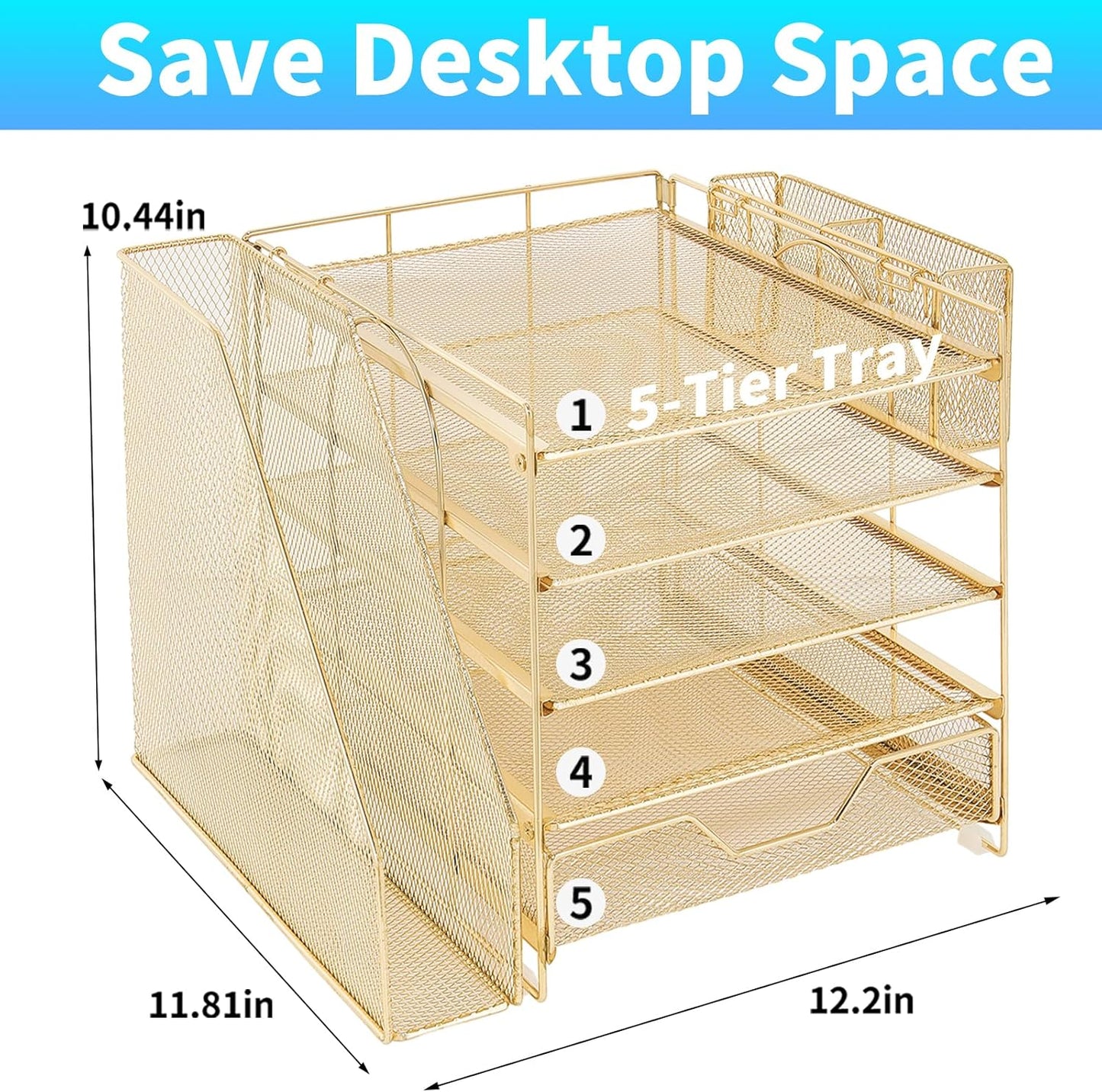 Desk Organizer, 5-Tier Paper Letter Tray Organizer with File Holder, Drawer and Pen Holder, Desktop Organizer for Office Supplies, Black
