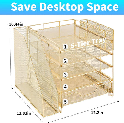 Desk Organizer, 5-Tier Paper Letter Tray Organizer with File Holder, Drawer and Pen Holder, Desktop Organizer for Office Supplies, Black