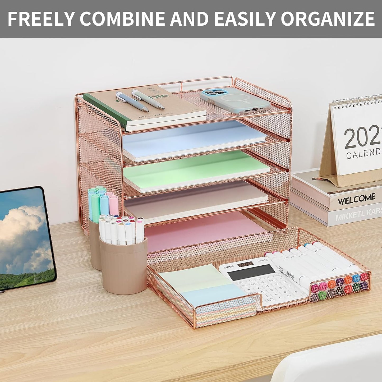 LEKETREE Desk Organizers and Accessories, 5-Tier Paper Letter Tray Organizer with File Holder, Desktop Organizer for Office Supplies (Black)