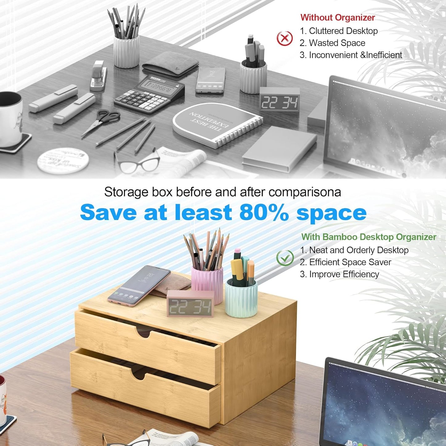 Wisuce Bamboo Desk Drawer Organizer, 3 Drawer Desktop Organizer with Drawers Tabletop Storage Organization Box for Office Home Toiletries Supplies Vanity, No Assembly Required