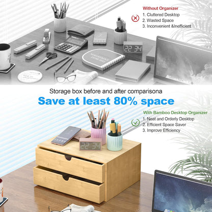Wisuce Bamboo Desk Drawer Organizer, 3 Drawer Desktop Organizer with Drawers Tabletop Storage Organization Box for Office Home Toiletries Supplies Vanity, No Assembly Required