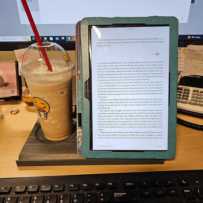 LITIVY Wooden Book Holder with Drink Holder, Wooden Triangle Bookmark Reading Rest with Slotted, Book Display Bookmark Book Holder Decor for Coffee and Book Lover Gifts (Greenish Gray)