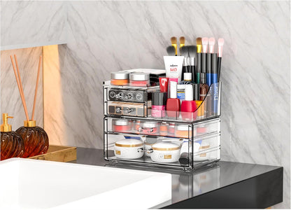 Acrylic Clear Makeup Organizer Countertop,Stackable Skincare Organizer for Vanity With 8 Drawers,Large Plastic Desk Accessories Organization,Bathroom Cosmetic Organizer Countertop for Beauty,Skin Care