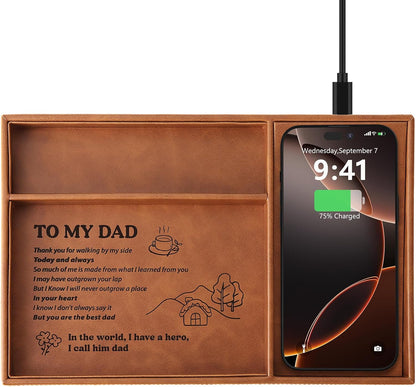 TopMade Wireless Charger Valet Tray, Father's Day Birthday Gifts for Dad, PU Leather Mens Jewelry Box for Iphone Charger, Desk Nightstand Organizer Charging Station Drawer Dresser Organizer(Brown)