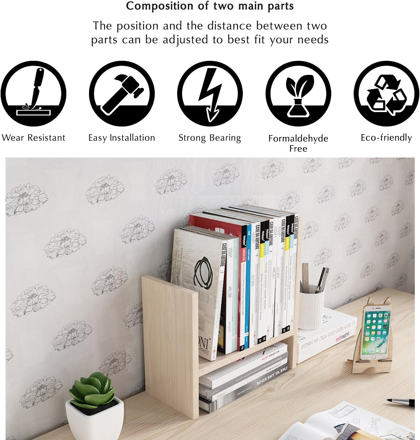 Jerry & Maggie Desktop Organizer Office Storage Rack Adjustable Wood Display Shelf Free Style Double H, Multi-Functional Mini Bookshelf for Desk Natural Stand (Natural Wood Tone)