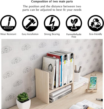 Jerry & Maggie Desktop Organizer Office Storage Rack Adjustable Wood Display Shelf Free Style Double H, Multi-Functional Mini Bookshelf for Desk Natural Stand (Natural Wood Tone)