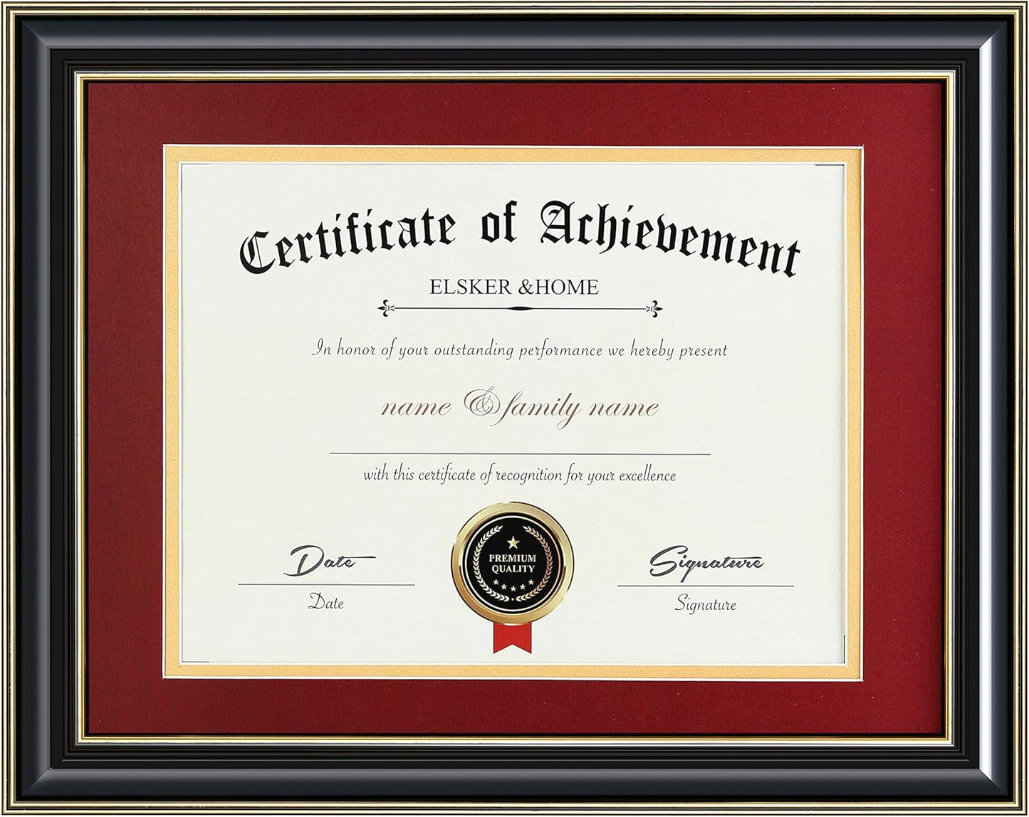 ELSKER&HOME Diploma Frame - Wide Solid Wood Frame - Black Velvet Golden Rim Mat - Semi-Tempered Glass - Includes Hanging Hardware and Desktop Easel(ONLY Display 11×14 Document/Certificate)