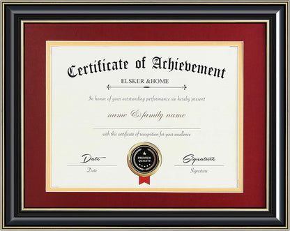 ELSKER&HOME Diploma Frame - Wide Solid Wood Frame - Black Velvet Golden Rim Mat - Semi-Tempered Glass - Includes Hanging Hardware and Desktop Easel(ONLY Display 11×14 Document/Certificate)