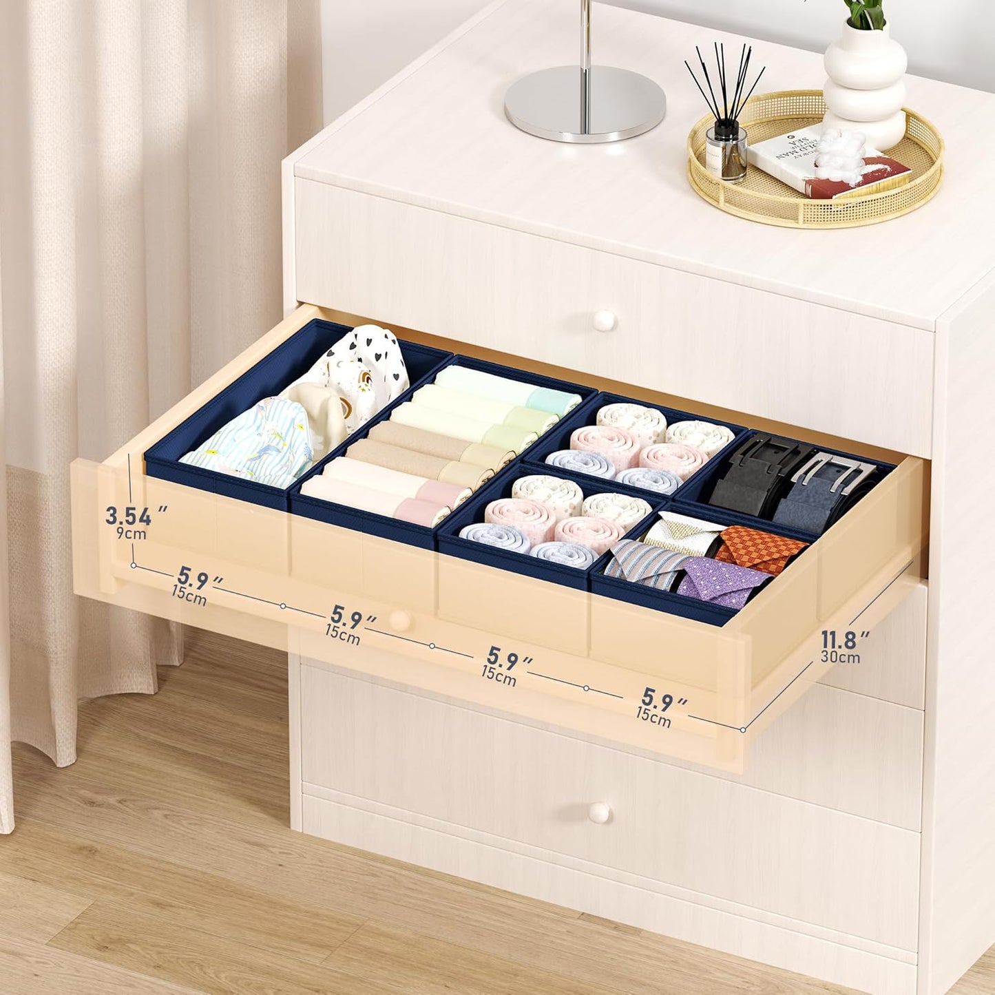 DIMJ Drawer Organizers Clothes, Dresser Organizer Bins for Baby Clothes,Underwear and Sock, Fabric Closet Organization and Storage Boxs, Drawer Dividers for Nursery, Clothing, Tie - 4 Pack, Beige