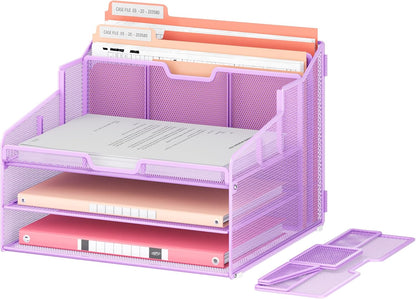 Lavatino Desk Organizer - Metal Mesh with 2 Paper Letter Trays, 7 Flexible Dividers, 2 Vertical File Holders for Office/Home/Classroom Supplies, Desk Organizers and Accessories, Black