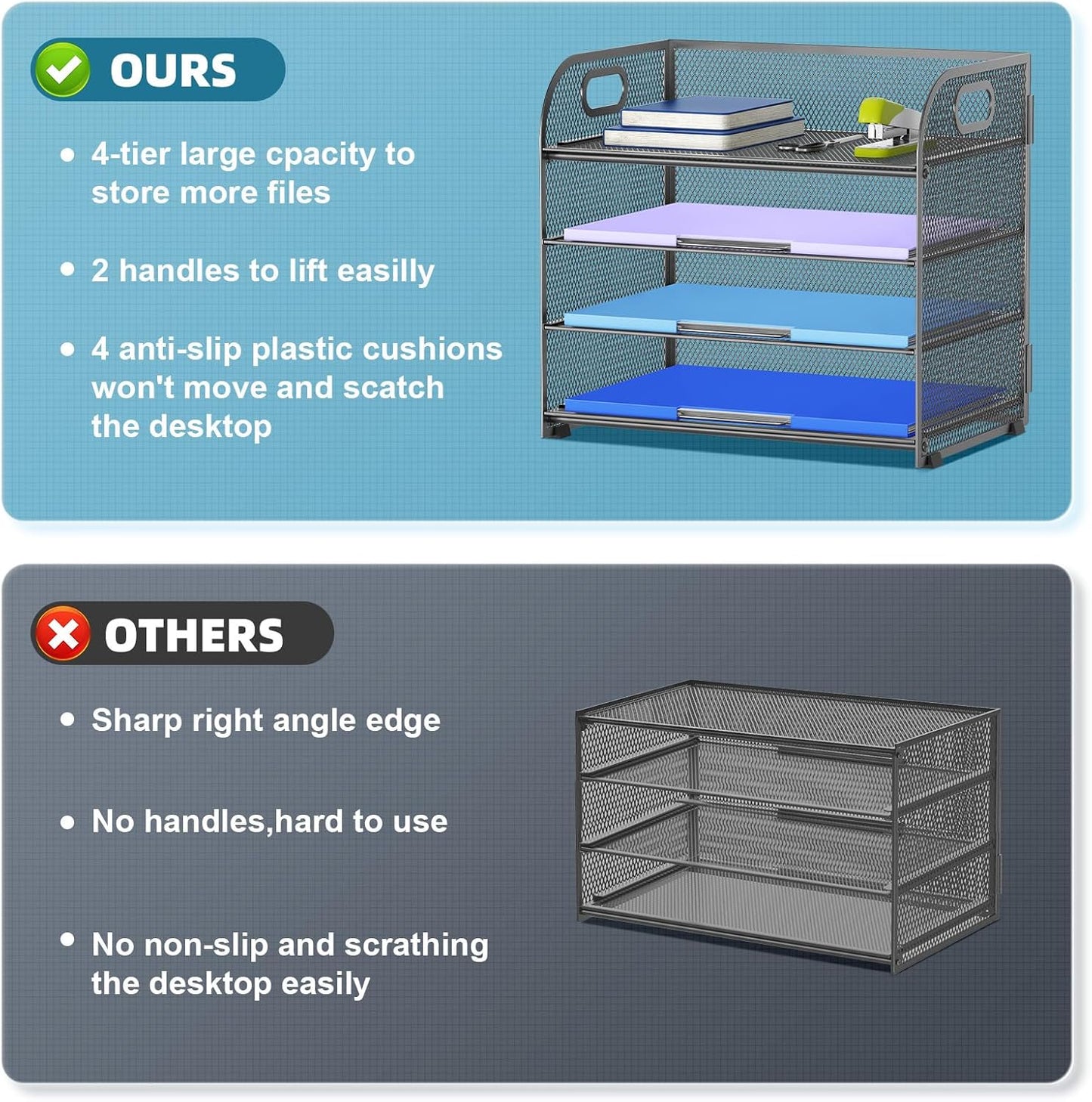 Marbrasse 4 Tier Paper Organizer Letter Tray - Mesh Desk File Organizer with Handle, Paper Sorter Organizer for Letter/A4 Office File Folder Holder (Black, 12.6" x 9.1" x 10.7")
