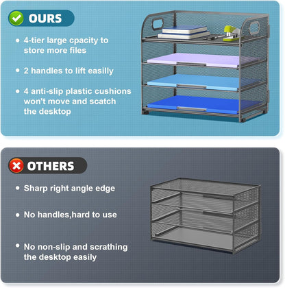 Marbrasse 4 Tier Paper Organizer Letter Tray - Mesh Desk File Organizer with Handle, Paper Sorter Organizer for Letter/A4 Office File Folder Holder (Black, 12.6" x 9.1" x 10.7")