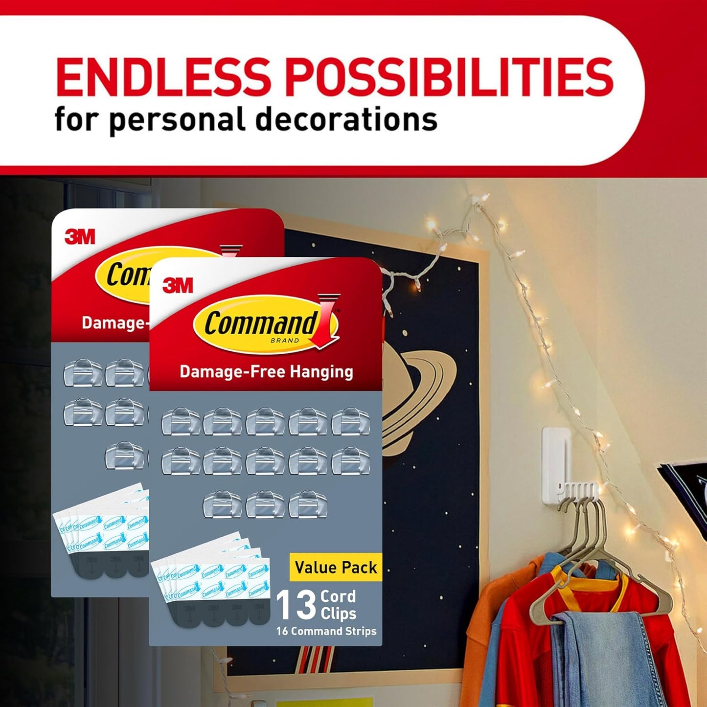 Command Round Cord Clips, Damage-Free Hanging Cable Clips, No Tools Wall Clips for Hanging Electrical Cables of Christmas Decorations, 13 Clear Cord Clips and 16 Command Strips