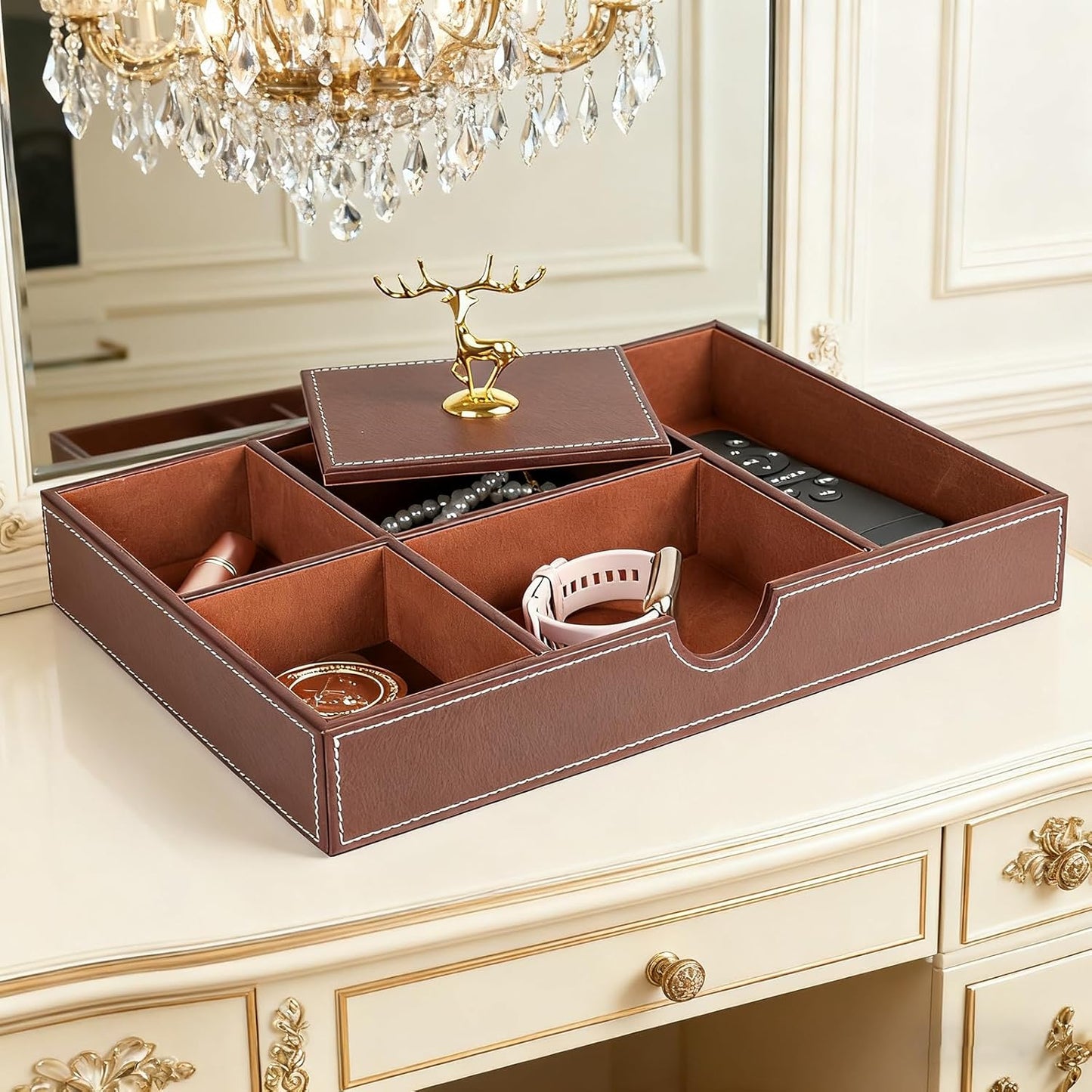 Jewelry Trays Nightstand Organizer, Valet Tray for Men and Women, Dressing Table Storage Box, Dark Brown Faux Leather, 5 Compartment