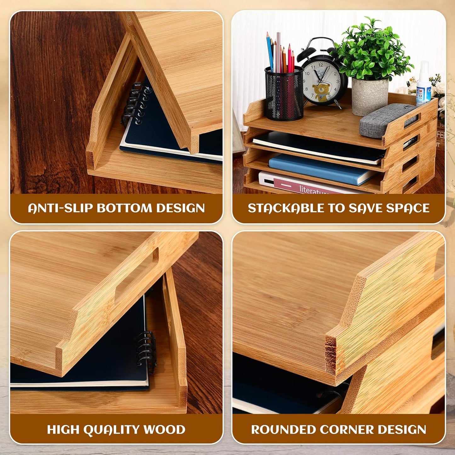 AceOrbit 6 Pcs Stackable Paper Tray Bamboo Wood Desk Organizer Letter Tray 6 Tier Wooden File Organizer Desk Shelf for Documents, Letter Sorter, Envelopes and Magazine Holder
