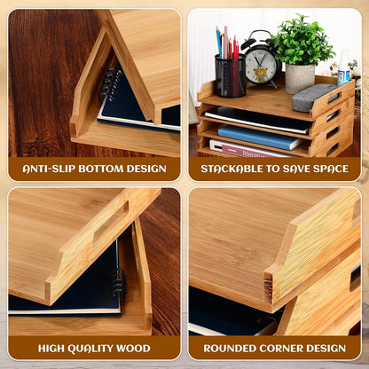 AceOrbit 6 Pcs Stackable Paper Tray Bamboo Wood Desk Organizer Letter Tray 6 Tier Wooden File Organizer Desk Shelf for Documents, Letter Sorter, Envelopes and Magazine Holder