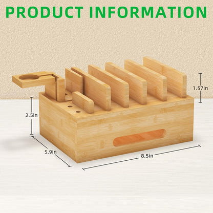 Bamboo Charging Station with Watch Stand, Desktop Charging Station Organizer, Wood Docking Station for Phones, Tablets, Watch, Earbuds (No Power Supply)