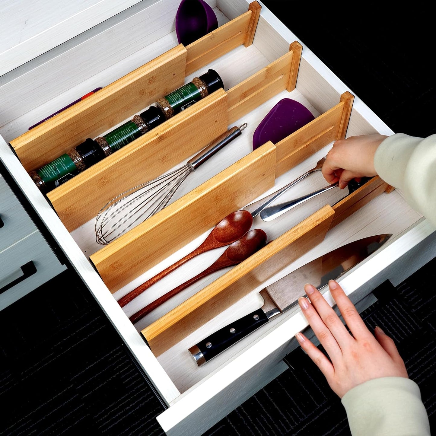 Utoplike 4 pcs Bamboo Kitchen Drawer Dividers Large, Adjustable Drawer Organizers, Spring Loaded, Expandable Organization Works in Kitchen, Dresser, Bathroom, Bedroom, Drawer, Desk