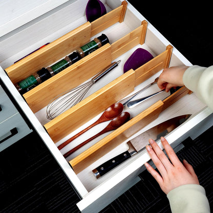 Utoplike 4 pcs Bamboo Kitchen Drawer Dividers Large, Adjustable Drawer Organizers, Spring Loaded, Expandable Organization Works in Kitchen, Dresser, Bathroom, Bedroom, Drawer, Desk