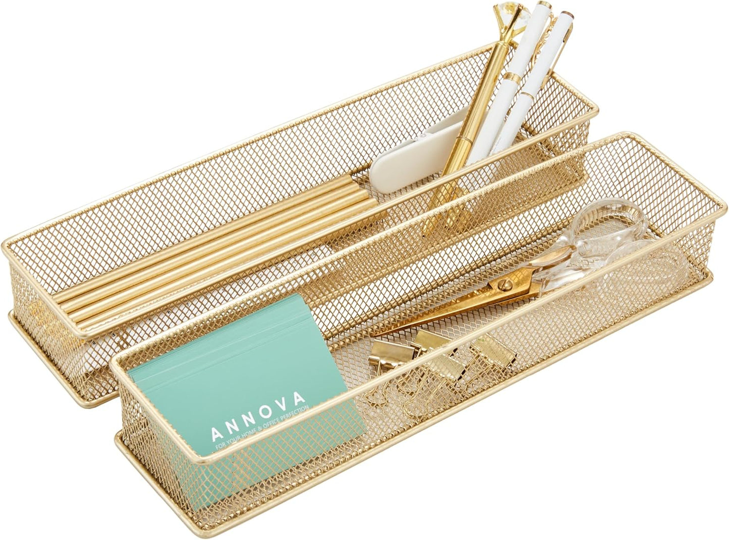 Annova Stackable Mesh Drawer Cabinet and Shelf Organizer Bins Storage Basket School Office Supply Holder Tray- Set of 2 (Gold, 3x3x2 Inch)