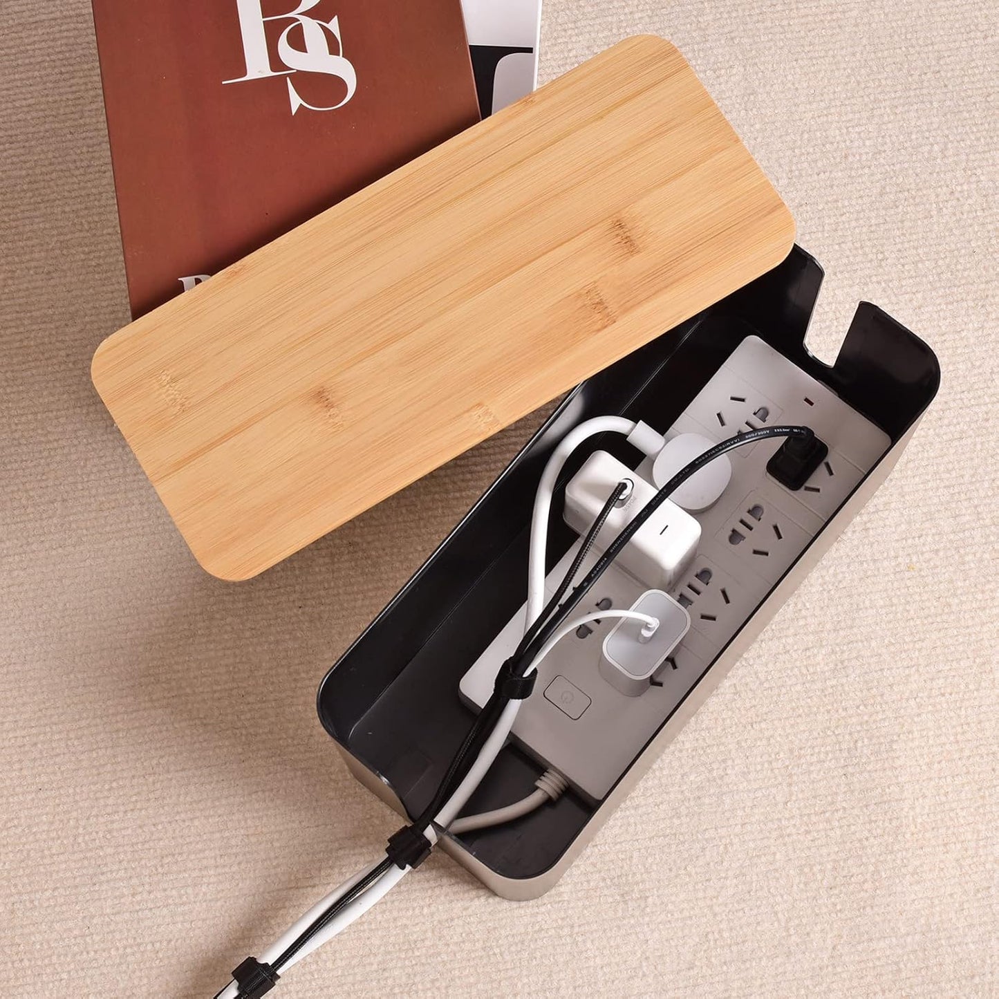 Cable Management Box - Wooden Style Large Cord Organizer to Hide Wires & Power Strips | Desk Computer Cable Organizer | Safe ABS Material | 16" (L) x 6.2" (W) 5.3" (H) | for Home & Office - Black