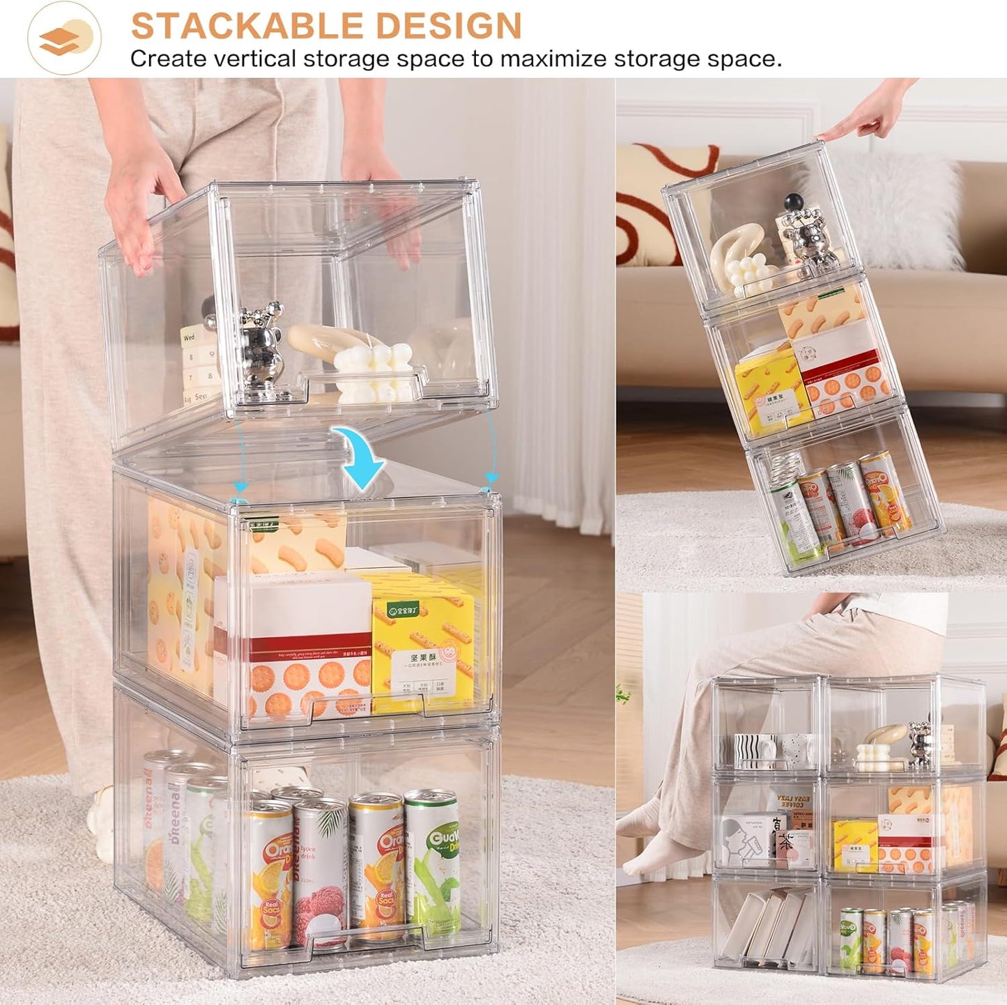DILIBRA 2 Packs Large Stackable Storage Drawers, Plastic Clear Bathroom Make up Under Sink Drawer Organizers, Acrylic Bathroom Storage Bins for Cabinet Closet Office Kitchen Pantry Snacks Organization
