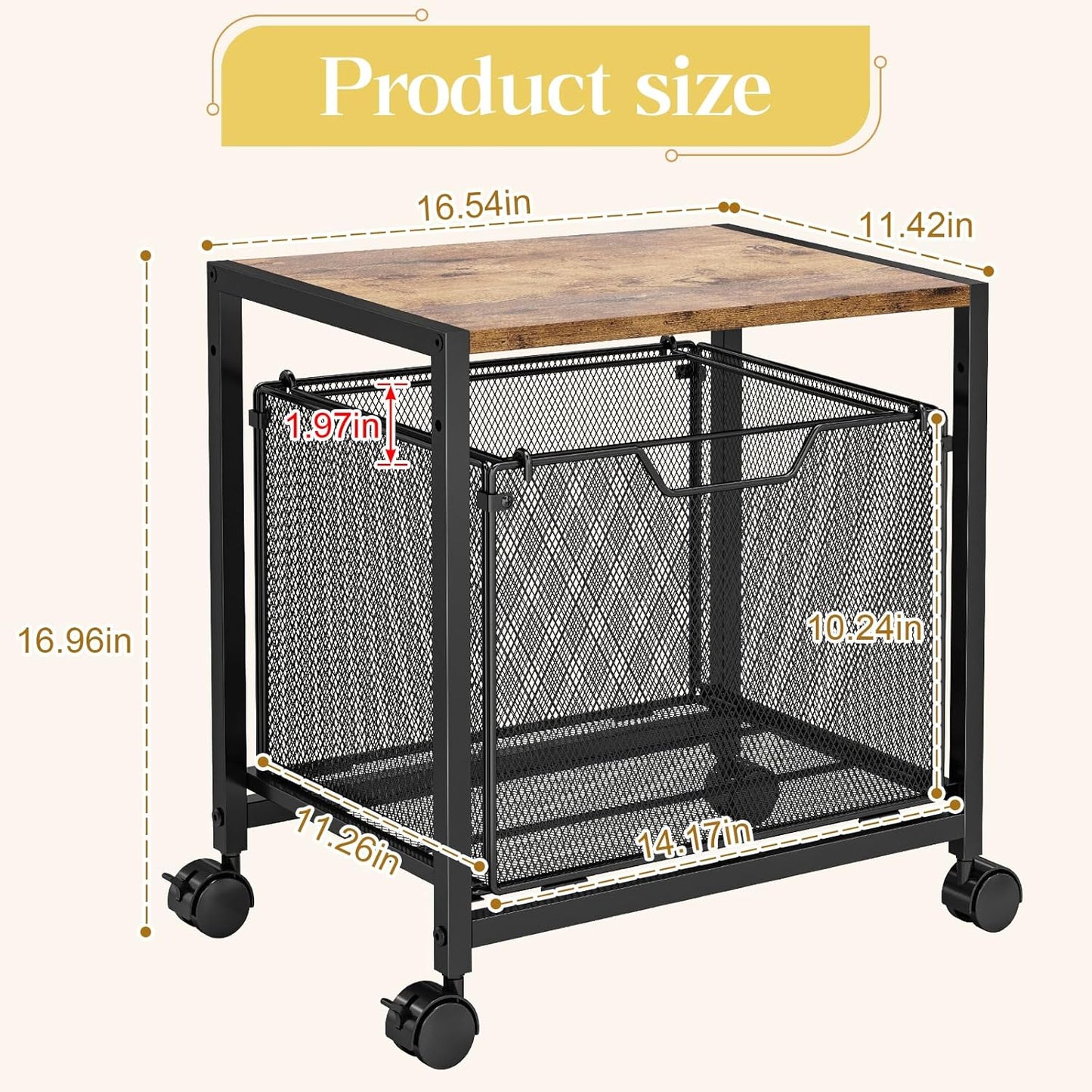 JKsmart Under Desk Storage, Printer Stand with Drawer, Rolling File Cabinet with Adjustable Table Top, 2 Tier Industrial Shelf on Fixed Feet Wheels, Sofa Side Table Organizer for Home, Office, Black