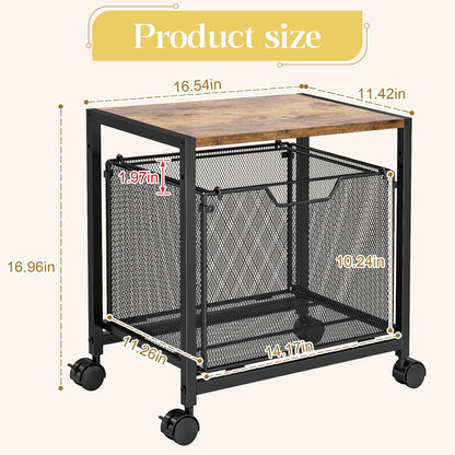 JKsmart Under Desk Storage, Printer Stand with Drawer, Rolling File Cabinet with Adjustable Table Top, 2 Tier Industrial Shelf on Fixed Feet Wheels, Sofa Side Table Organizer for Home, Office, Black