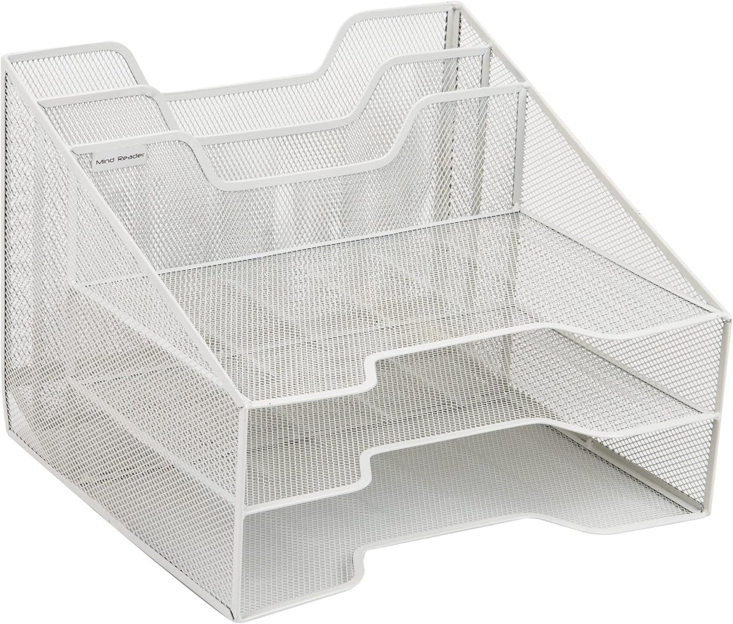 Mind Reader Metal Mesh Desktop File Organizer, 3-Tier Paper Tray with 5 Compartments, Office Mail Sorter, White