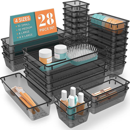 StorMiracle 28 PCS Clear Plastic Drawer Organizers Set, 4 Size Desk Drawer Organizer Trays for Makeup, Jewelry, Kitchen Utensils, Gadgets and Office Accessories
