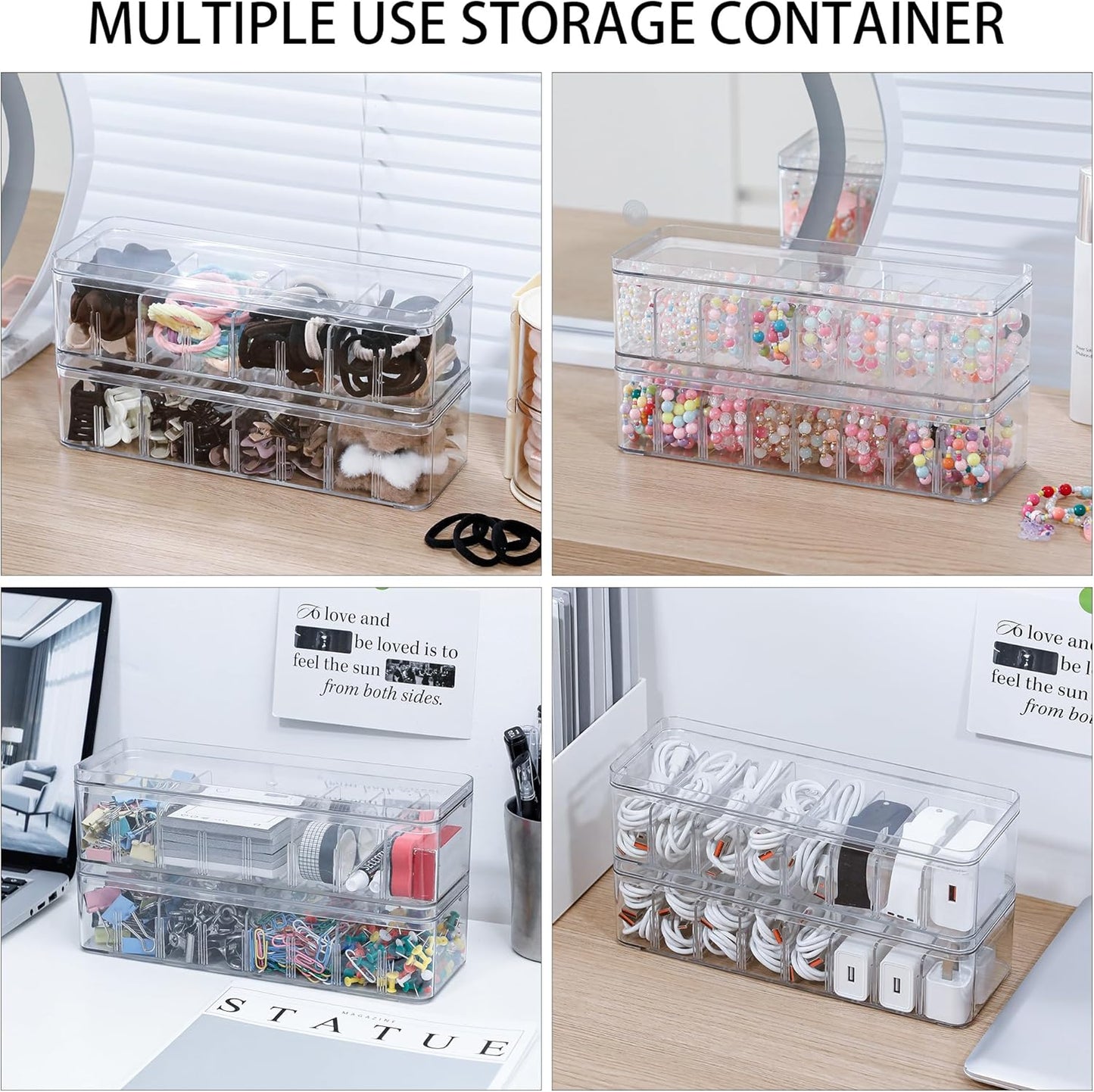 Cord Storage Organizer for Desk Drawer, Plastic Adjustable Cable Organizer Box with Lid and Wire Ties, Clear Phone Charger Case for Home Office