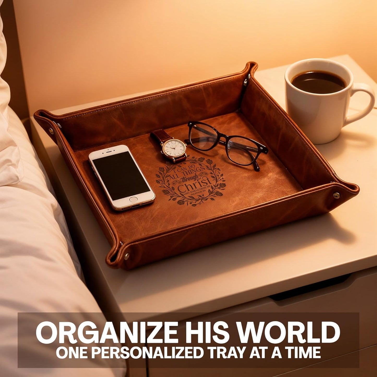 Personalized Engraved Leather Tray for Men with Engraved Name, PU Leather Valet Organizer for Dad, Custom Gift for Him, Custom Catchall Tray for Desk, Office, Accessories Travel Organizer for Men