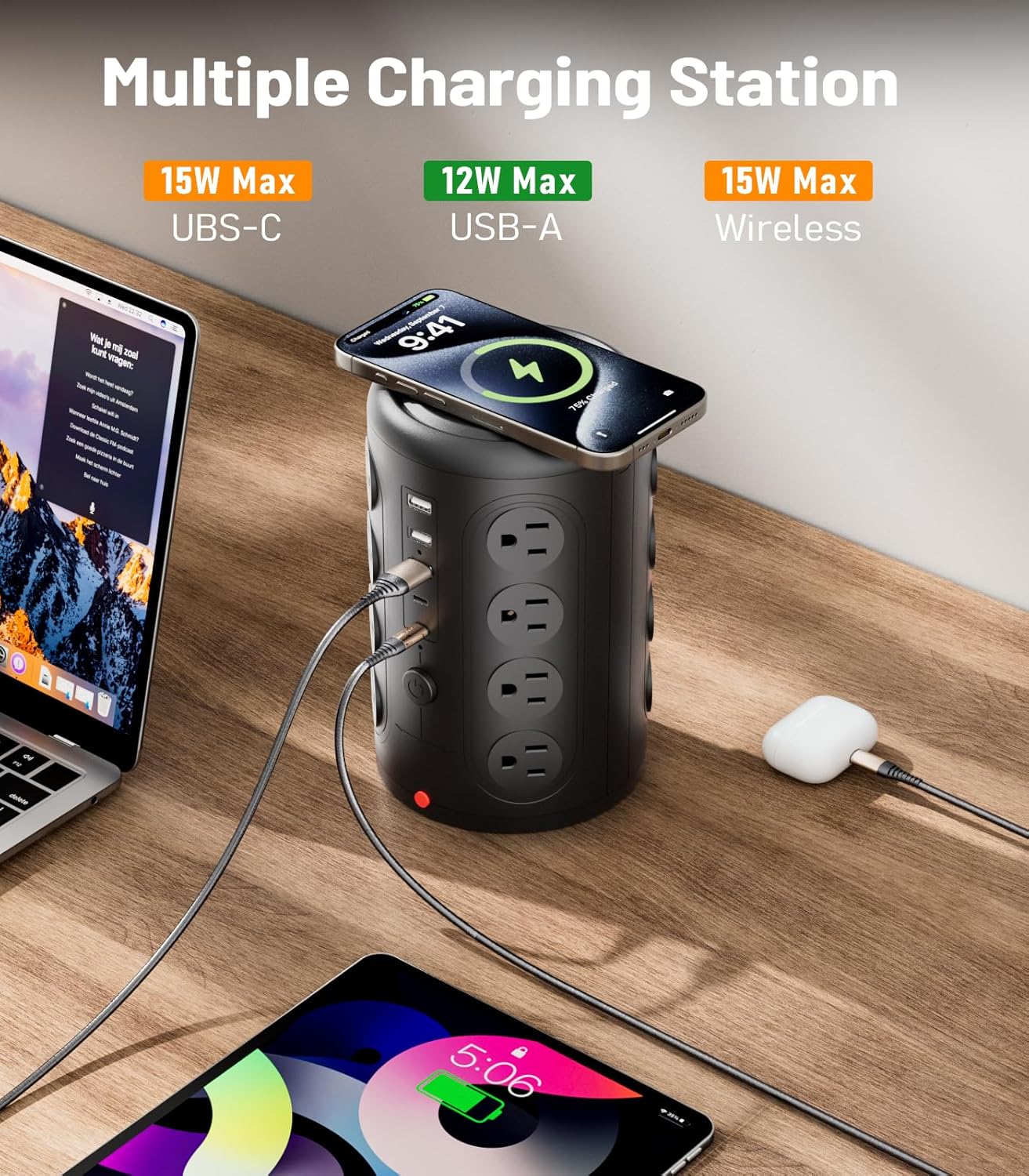 Power Strip Tower Surge Protector, TenTrend 16 Outlets and 5 USB Ports (2 USB-C), 2000 Joules Charging Station, 6FT Flat Plug Extension Cord for Home Office Dorm Room Essentials, Black