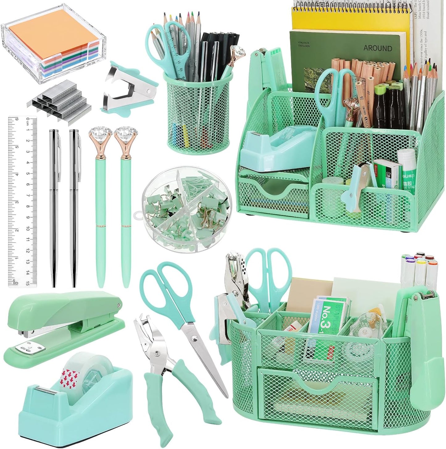 17 in1 Silvery Desk Organizers and Accessories Set, 3 Office Desk Supplies Storage Organization, 4 Pens, Stapler, Staples & Remover, Tape & Dispenser, Scissors, Ruler, Clips, Hole Punch Back to School
