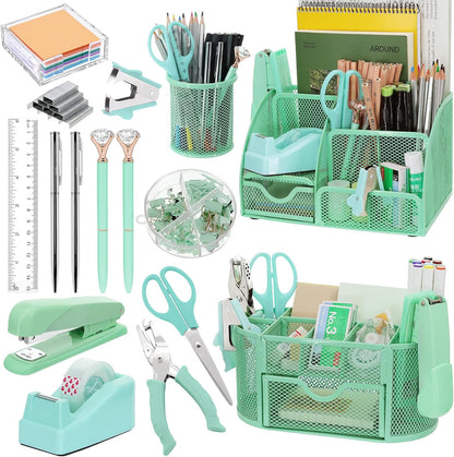 17 in1 Silvery Desk Organizers and Accessories Set, 3 Office Desk Supplies Storage Organization, 4 Pens, Stapler, Staples & Remover, Tape & Dispenser, Scissors, Ruler, Clips, Hole Punch Back to School